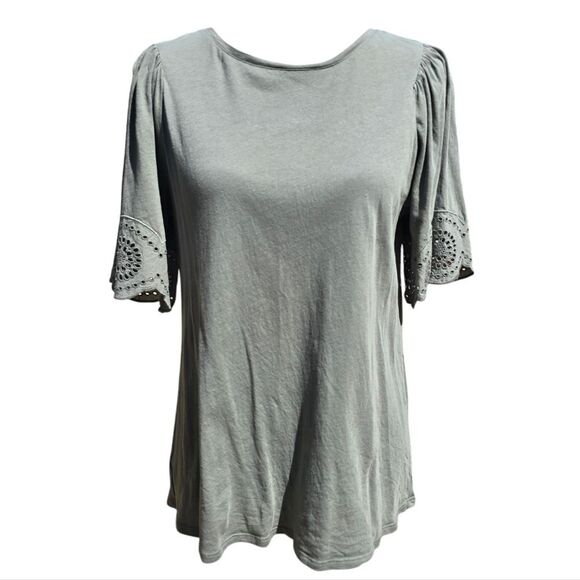 LOFT -1671 Short Eyelet Sleeve Sage Green‎ Top Medium - Picture 1 of 7